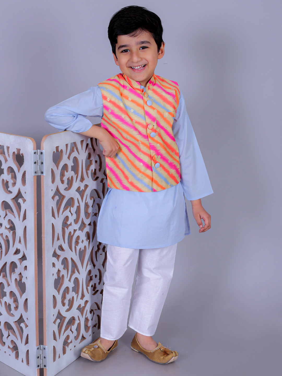 Anuttara Sky Blue Cotton Blend Straight Kurta Waistcoat & Pyjama Set_FJB1015