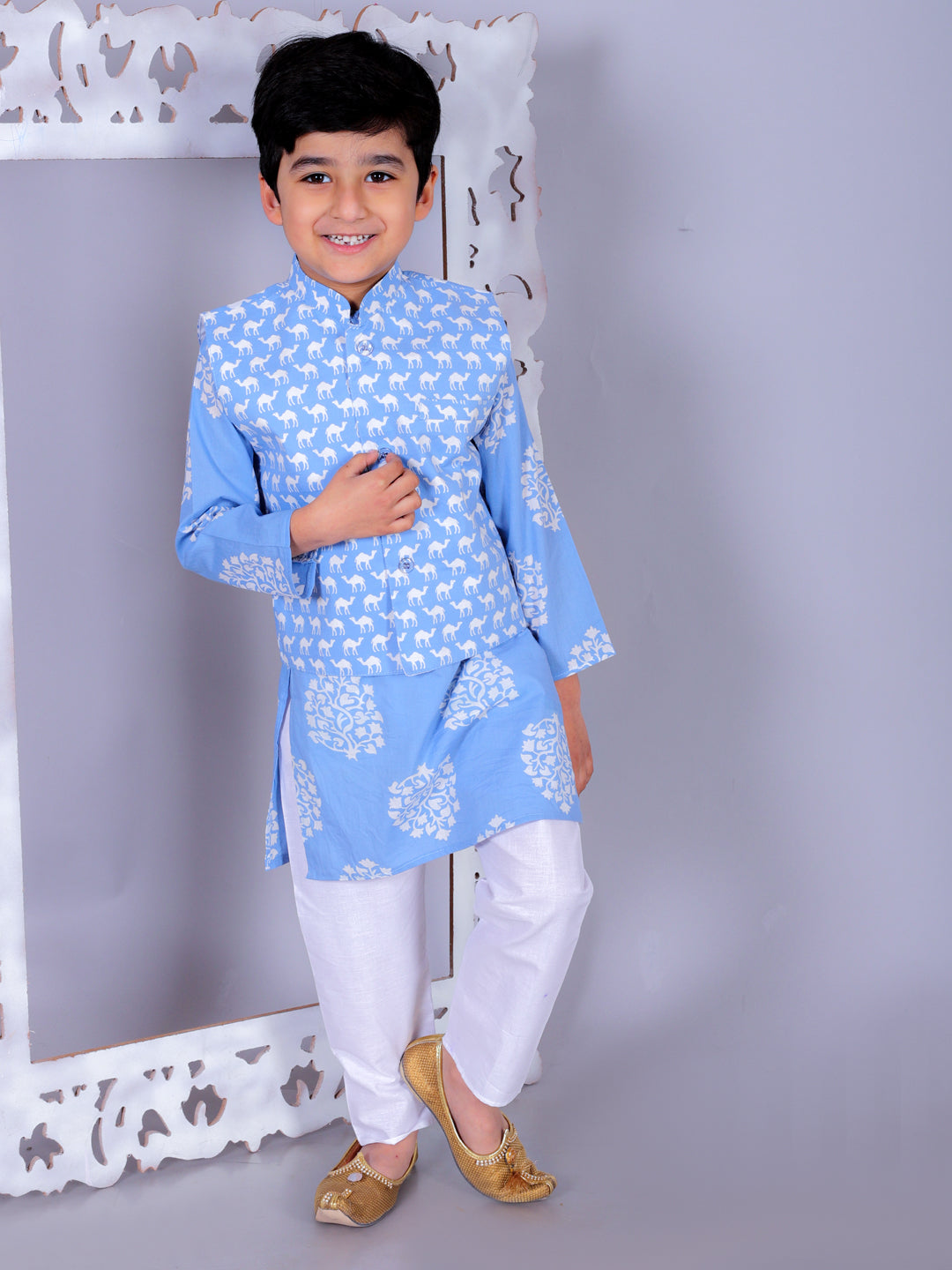 Anuttara Sky Blue Cotton Blend Straight Kurta Waistcoat & Pyjama Set_FJB1018