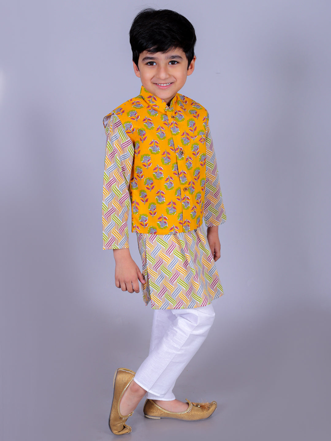Anuttara Multicolor Cotton Blend Straight Kurta Waistcoat & Pyjama Set_FJB1019