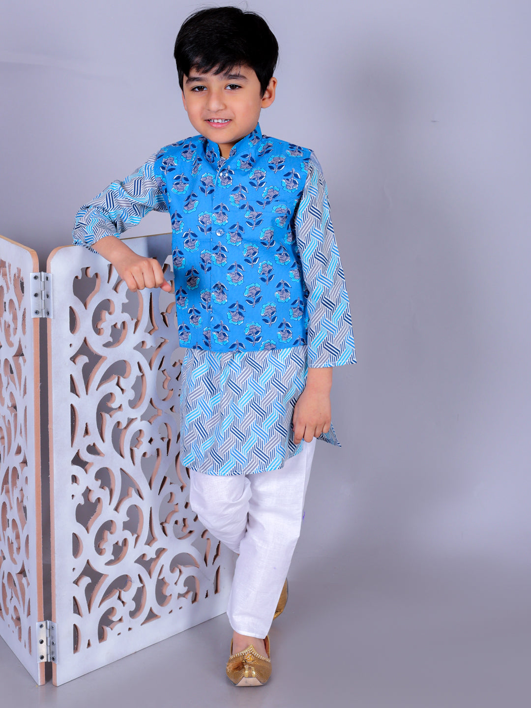 Anuttara Multicolor Cotton Blend Straight Kurta Waistcoat & Pyjama Set_FJB1020