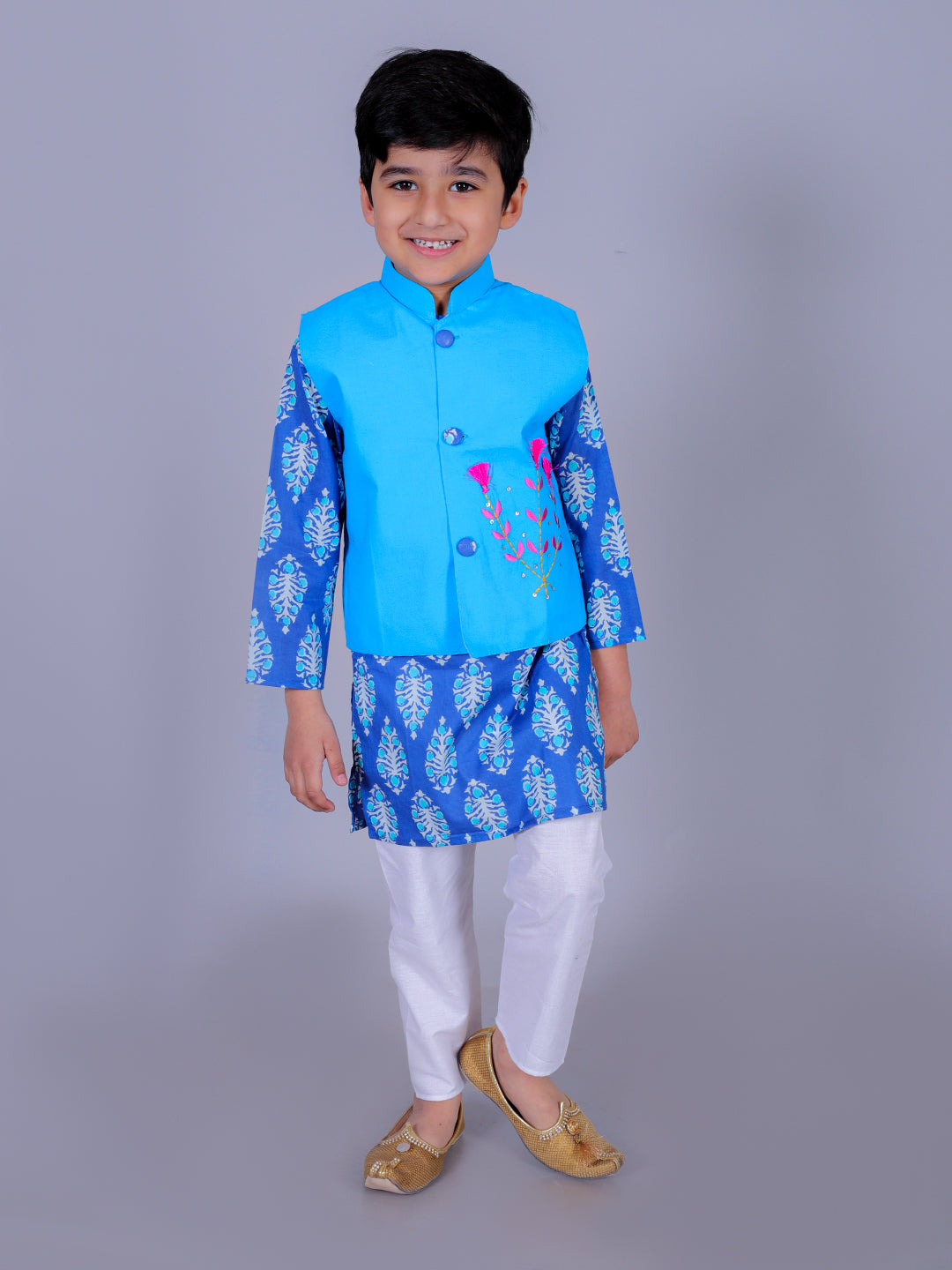 Anuttara Blue Cotton Blend Straight Kurta Waistcoat & Pyjama Set_FJB1022