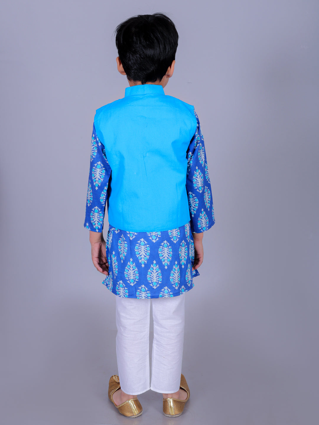 Anuttara Blue Cotton Blend Straight Kurta Waistcoat & Pyjama Set_FJB1022