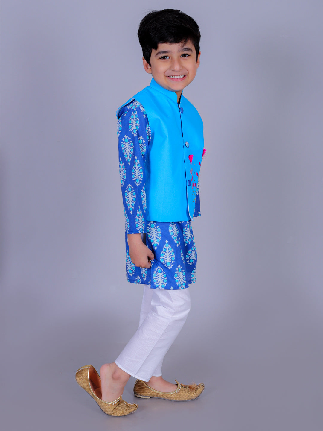 Anuttara Blue Cotton Blend Straight Kurta Waistcoat & Pyjama Set_FJB1022