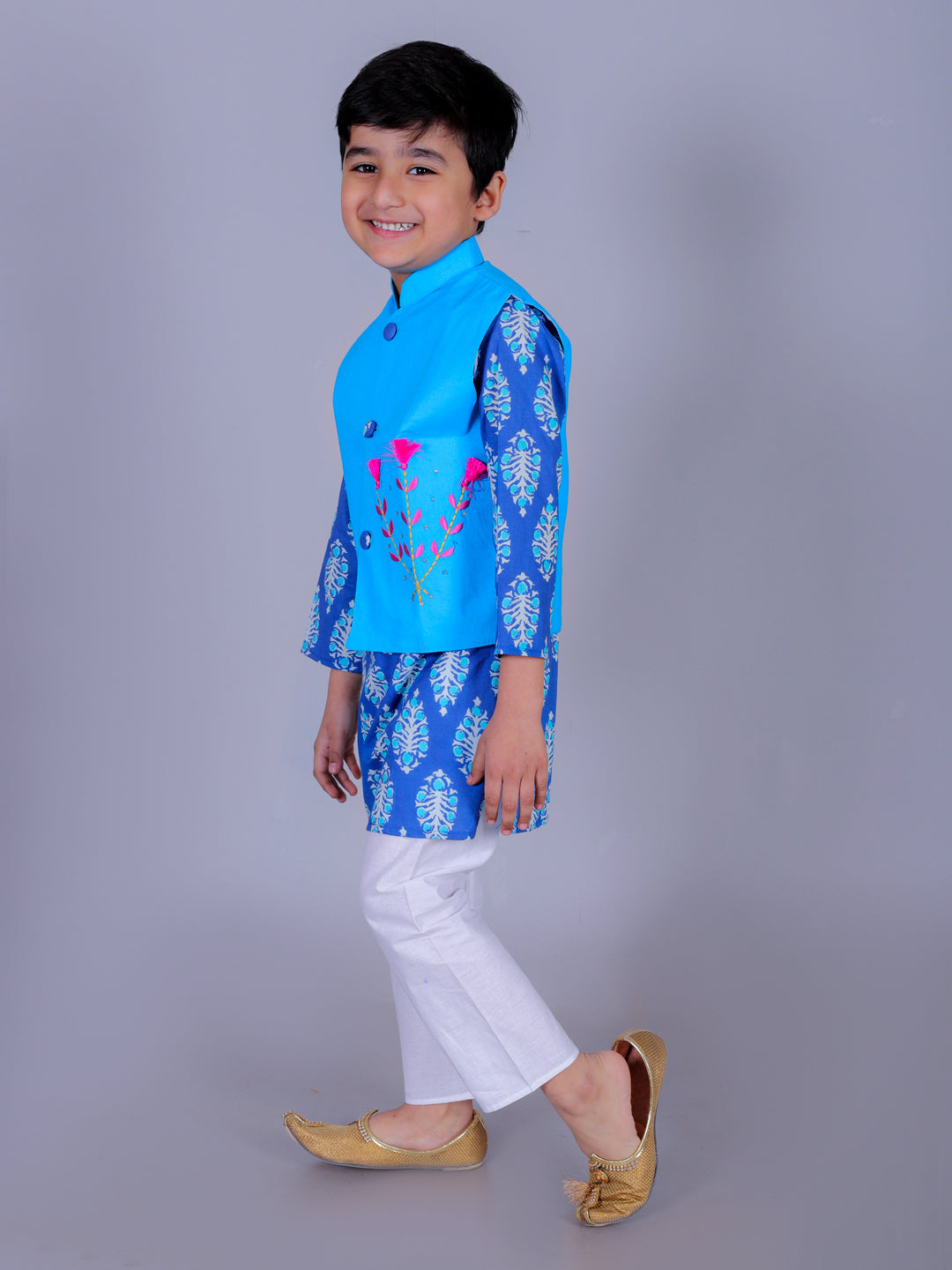 Anuttara Blue Cotton Blend Straight Kurta Waistcoat & Pyjama Set_FJB1022
