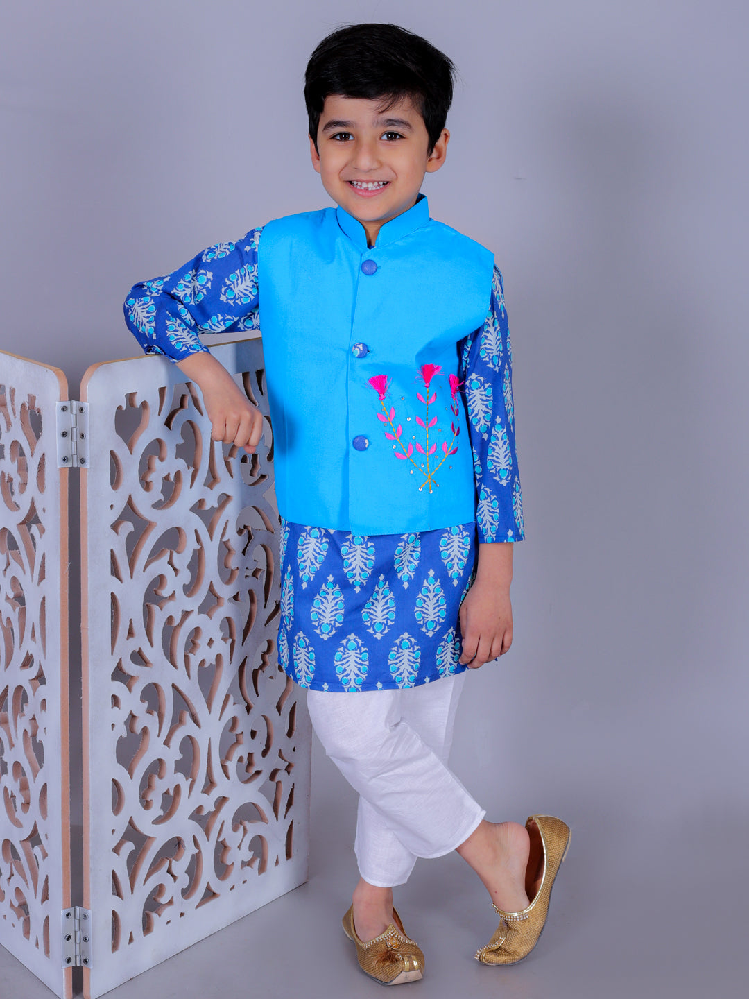 Anuttara Blue Cotton Blend Straight Kurta Waistcoat & Pyjama Set_FJB1022
