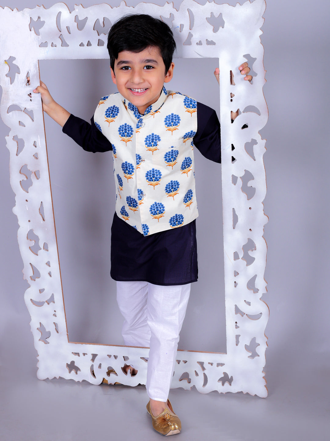 Anuttara Navy Blue Cotton Blend Straight Kurta Waistcoat & Pyjama Set_FJB1023