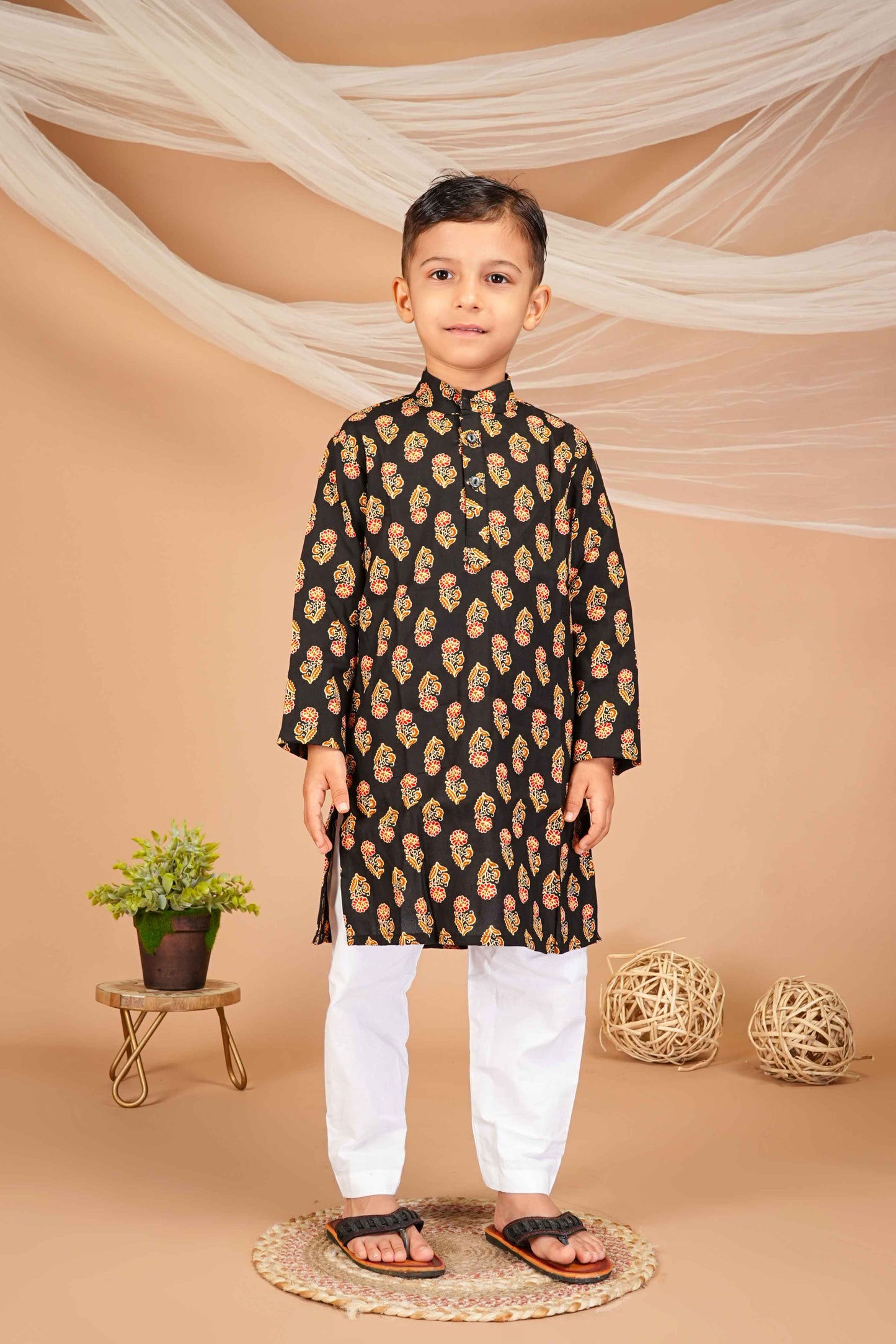 FabJunior Black Pure Cotton Straight Kurta & Pyjama Set_FJB1047