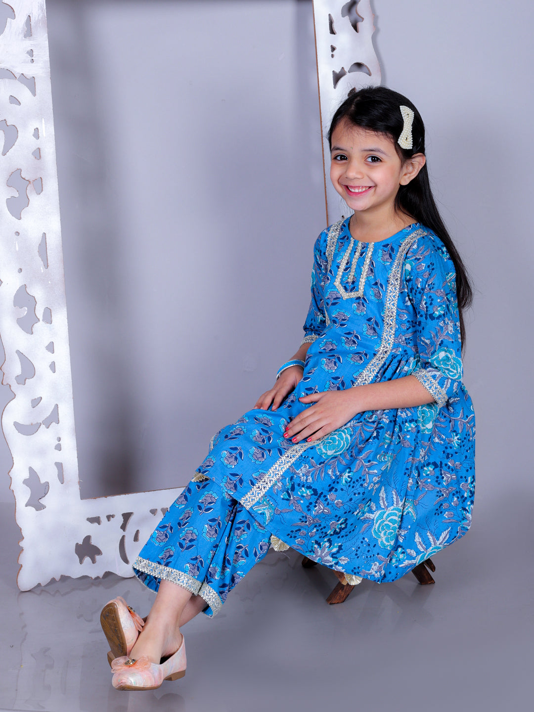 Anuttara Blue Cotton Blend Anarkali/Flared Kurta & Pant Set_FJG1003