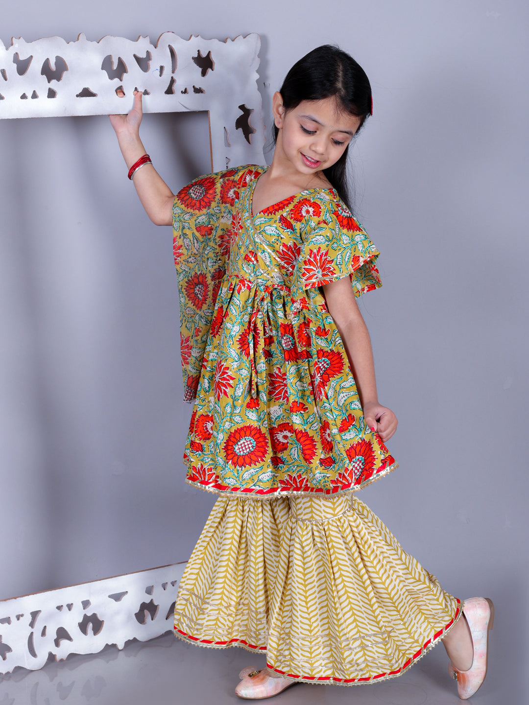 Anuttara Olive Green Cotton Blend Anarkali/Flared Kurta Sharara & Dupatta Set_FJG1005