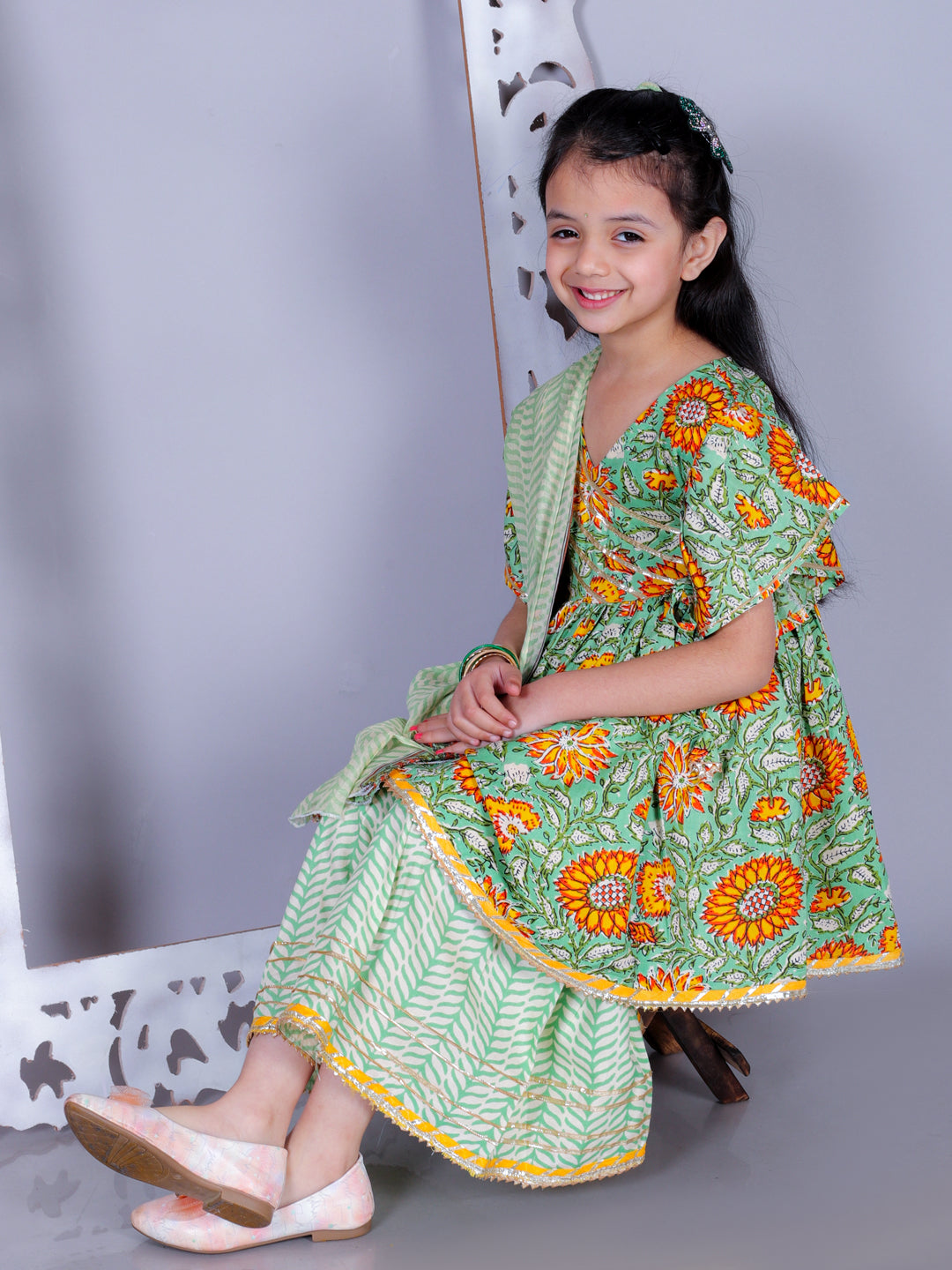 Anuttara Green Cotton Blend Anarkali/Flared Kurta Sharara & Dupatta Set_FJG1006