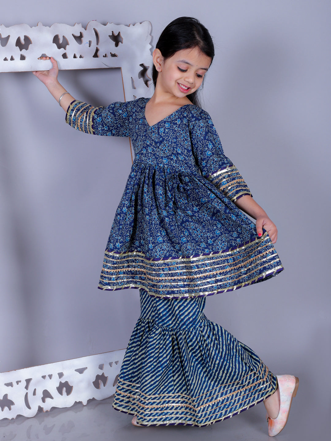 Anuttara Navy Blue Cotton Blend Anarkali/Flared Kurta & Sharara Set_FJG1009