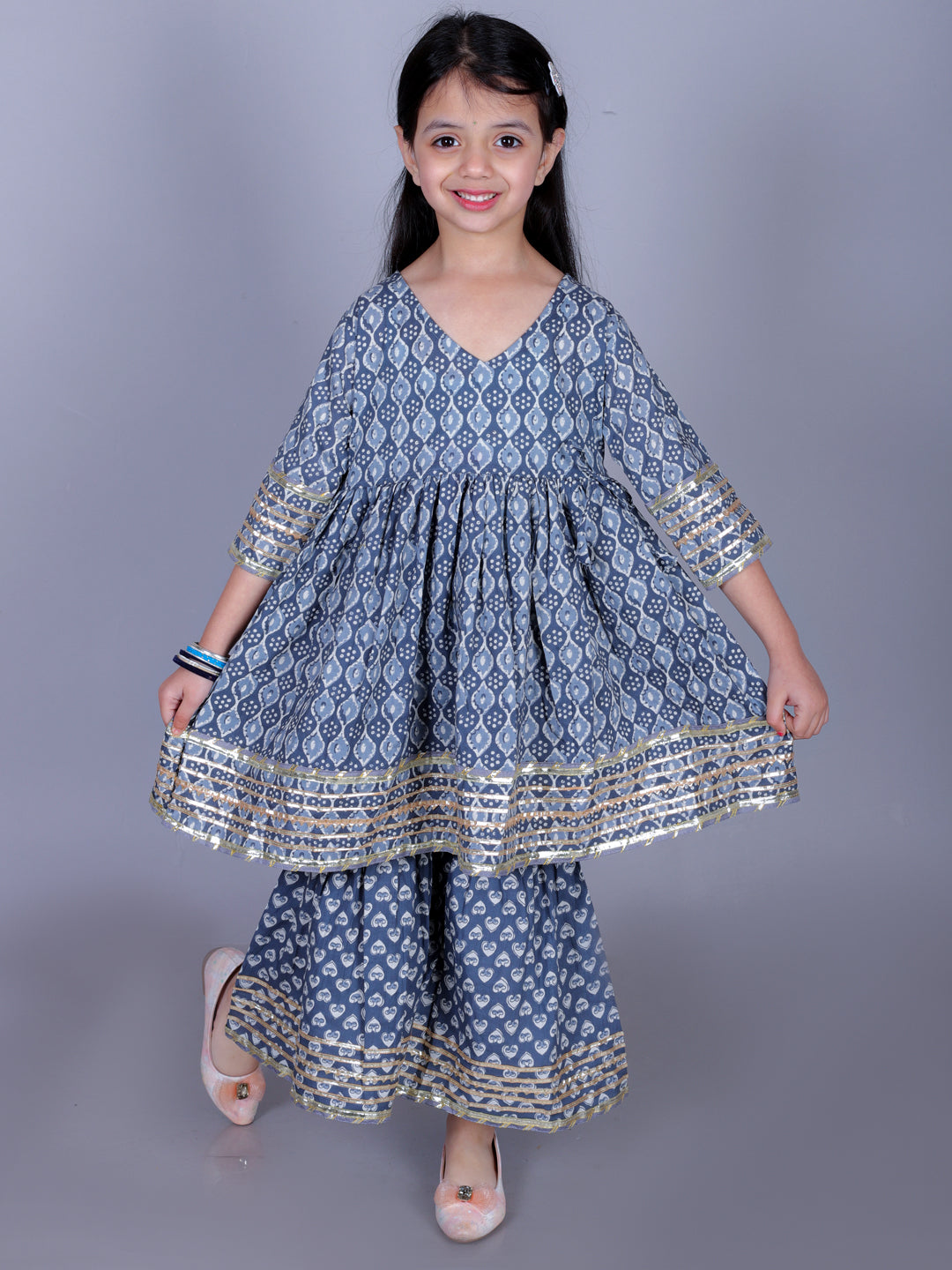Anuttara Gray Cotton Blend Anarkali/Flared Kurta & Sharara Set_FJG1010