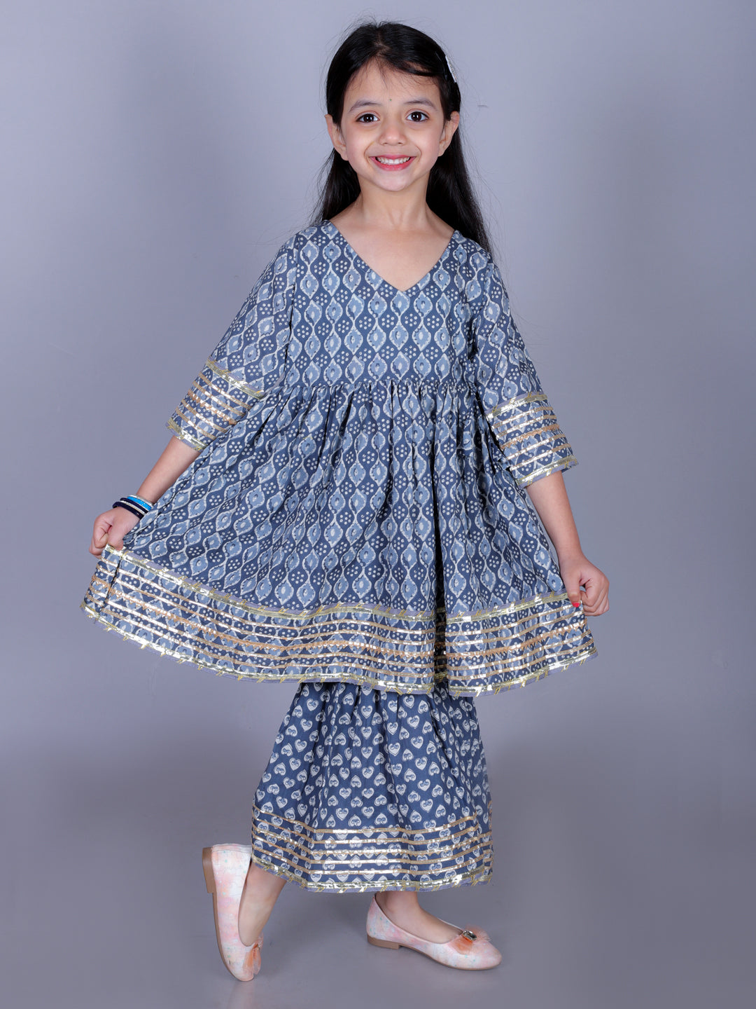 Anuttara Gray Cotton Blend Anarkali/Flared Kurta & Sharara Set_FJG1010