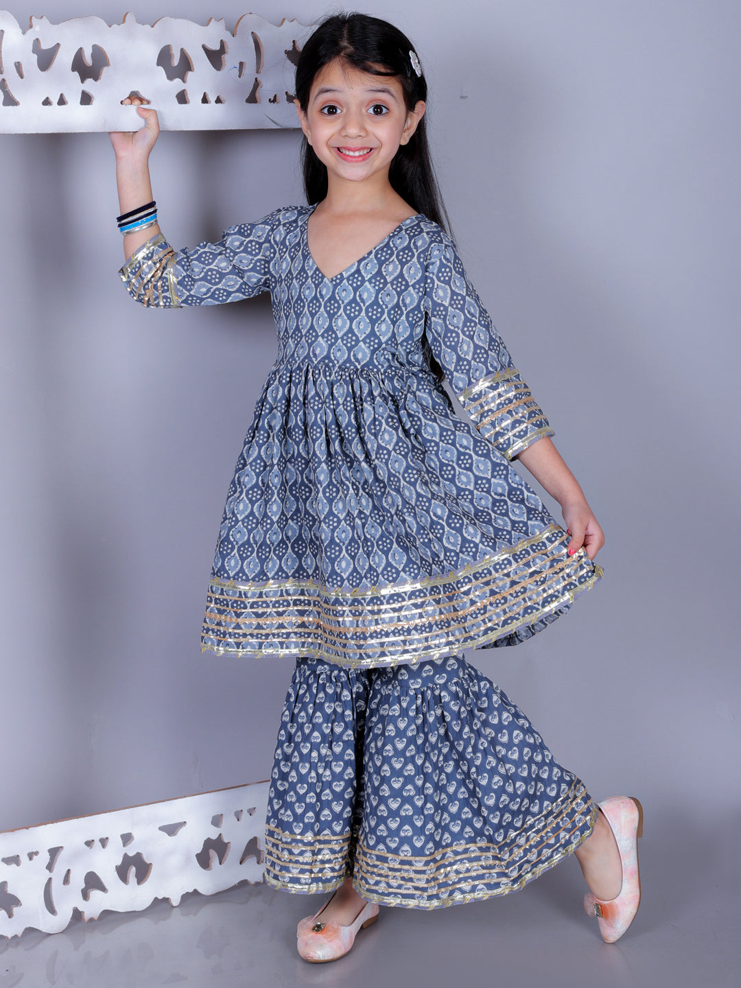 Anuttara Gray Cotton Blend Anarkali/Flared Kurta & Sharara Set_FJG1010