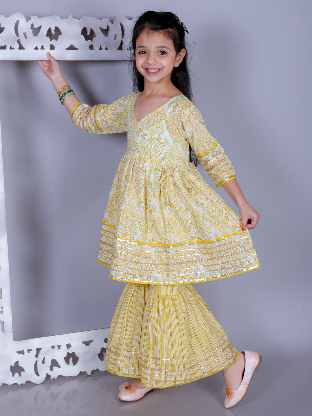 Anuttara Yellow Cotton Blend Anarkali/Flared Kurta & Sharara Set_FJG1011