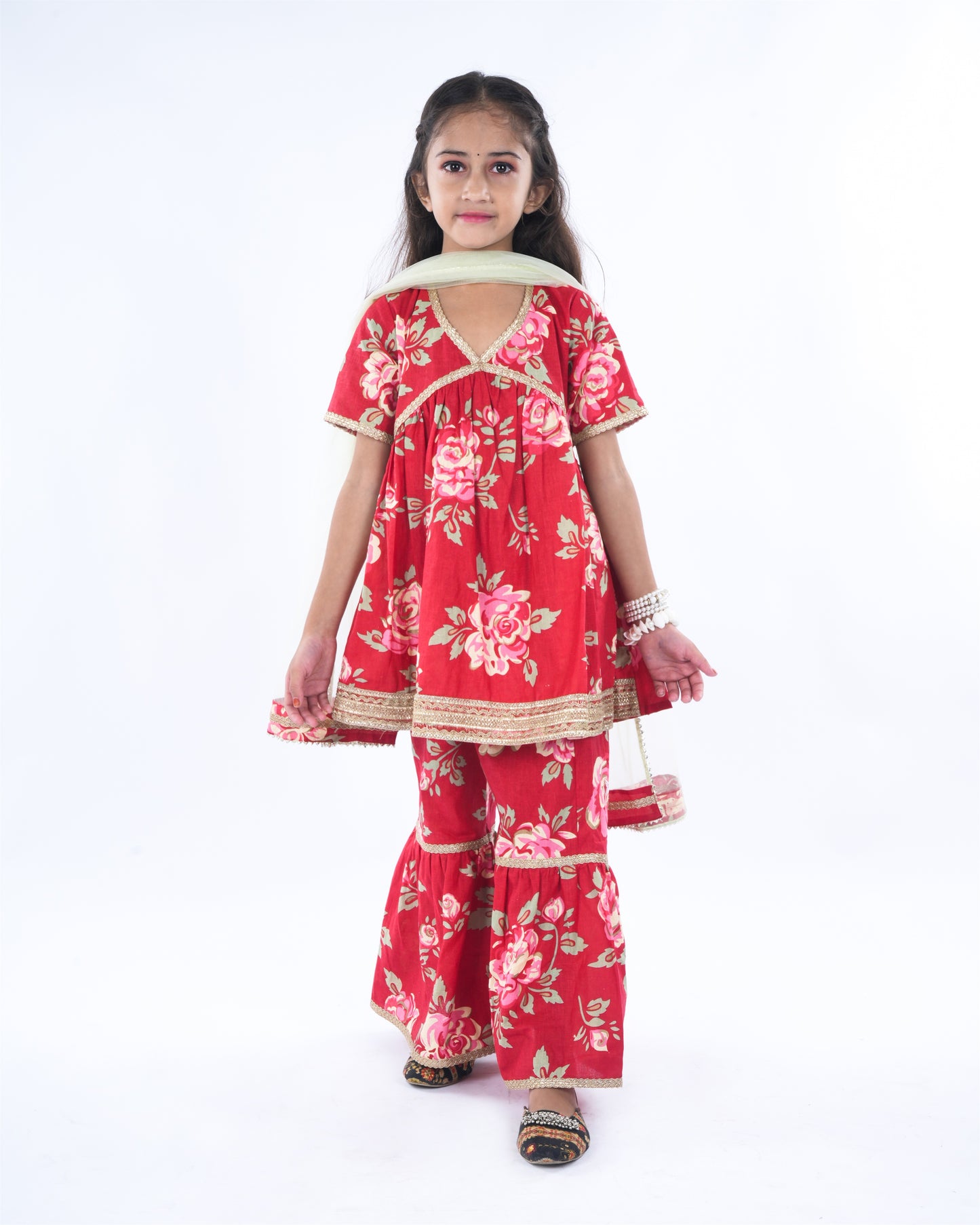 Anuttara Red Cotton Flex Anarkali/Flared Kurta Sharara & Dupatta Set_FJG1058
