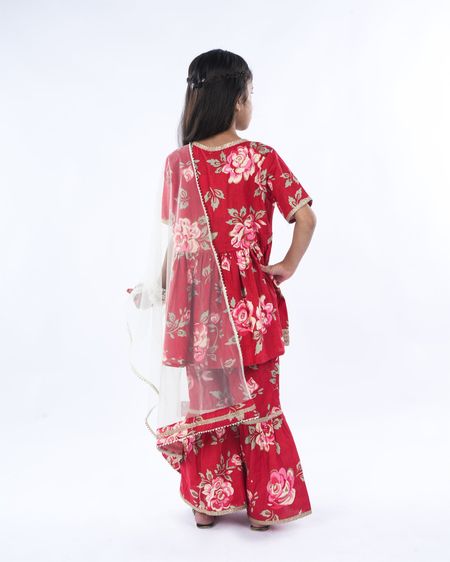 Anuttara Red Cotton Flex Anarkali/Flared Kurta Sharara & Dupatta Set_FJG1058