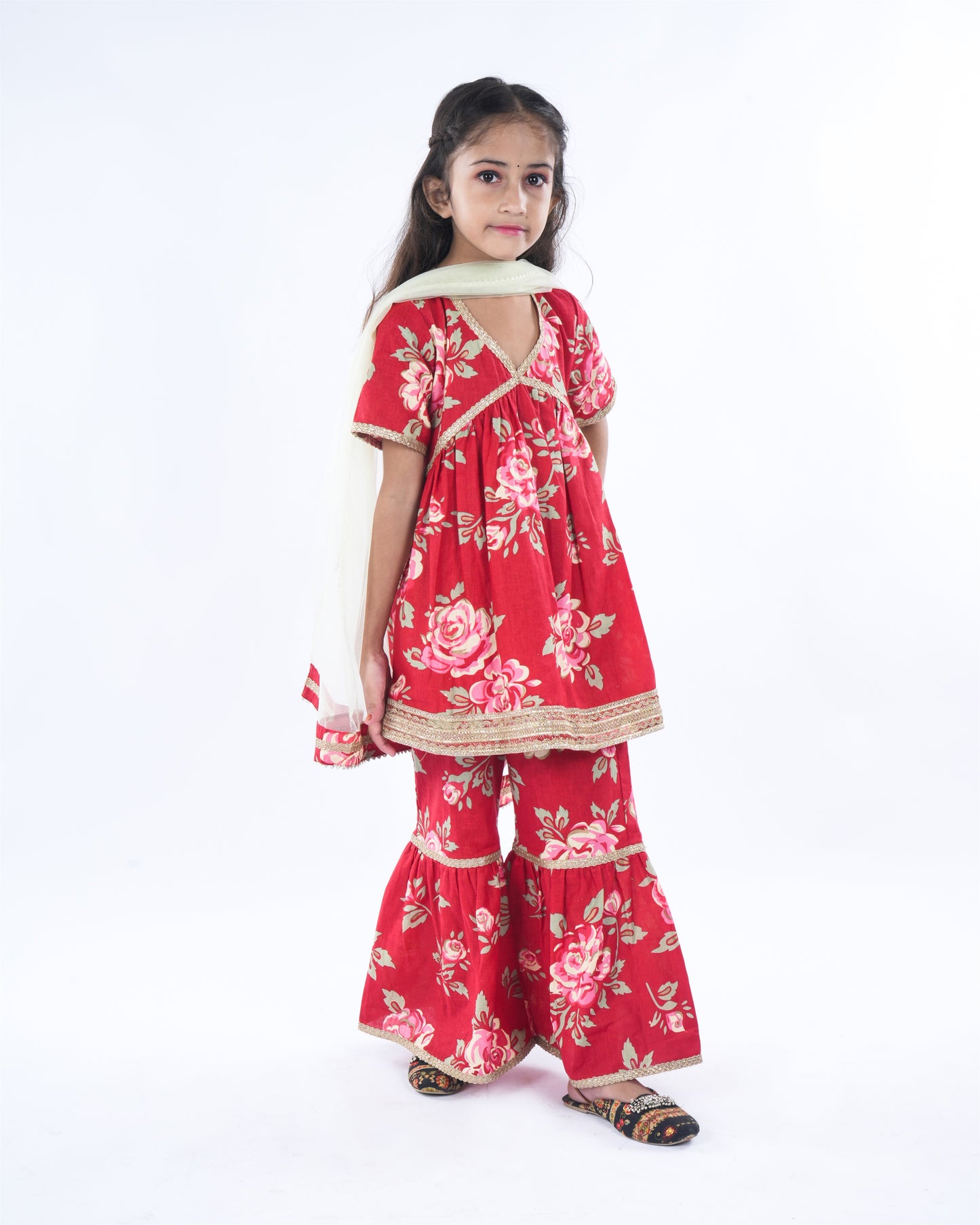Anuttara Red Cotton Flex Anarkali/Flared Kurta Sharara & Dupatta Set_FJG1058