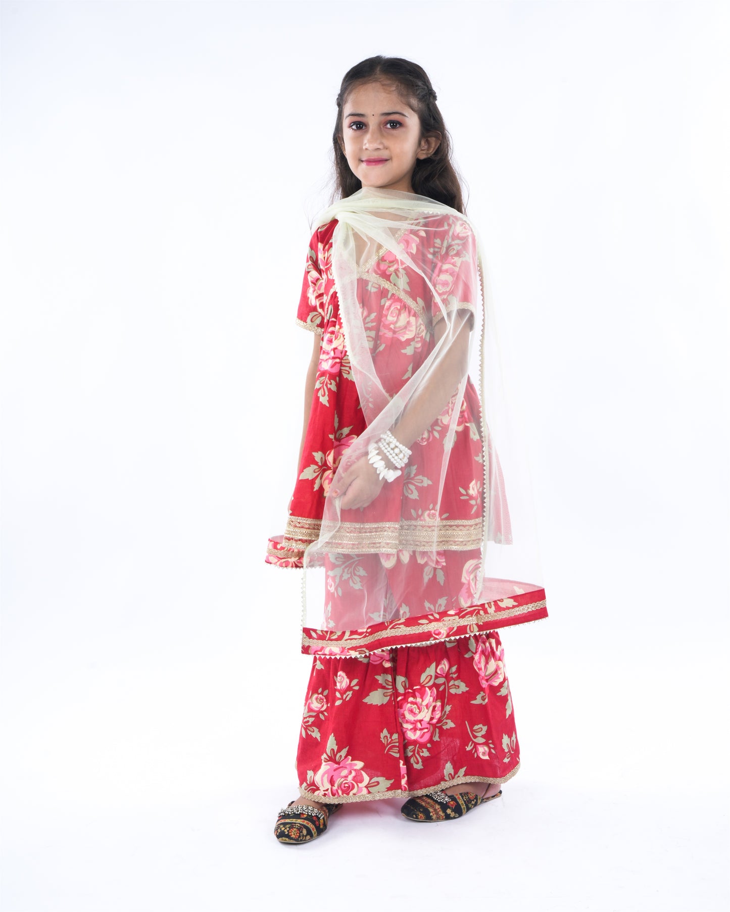 Anuttara Red Cotton Flex Anarkali/Flared Kurta Sharara & Dupatta Set_FJG1058