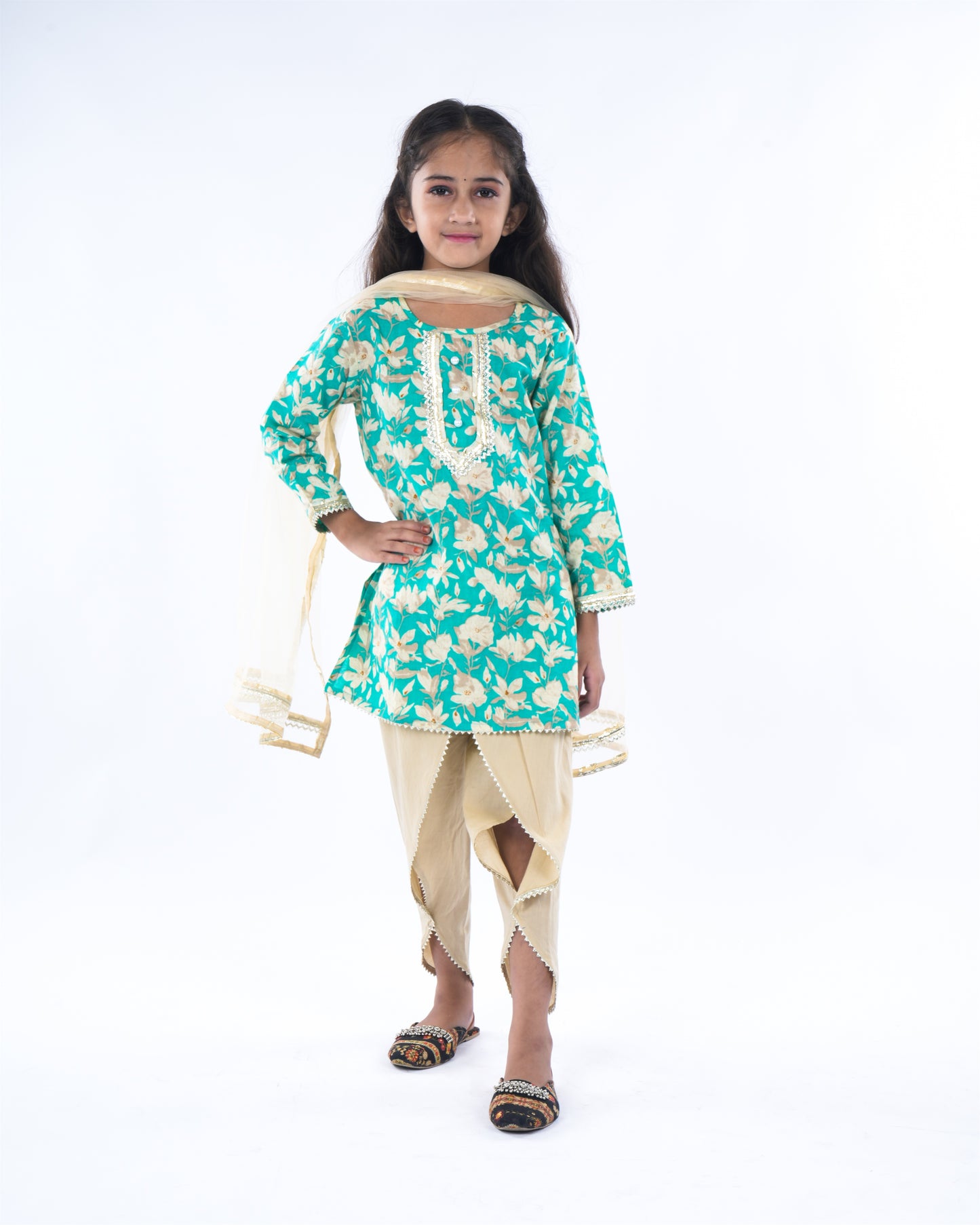 Anuttara Turquoise Pure Cotton Straight Kurta Dhoti Pant & Dupatta Set_FJG1062