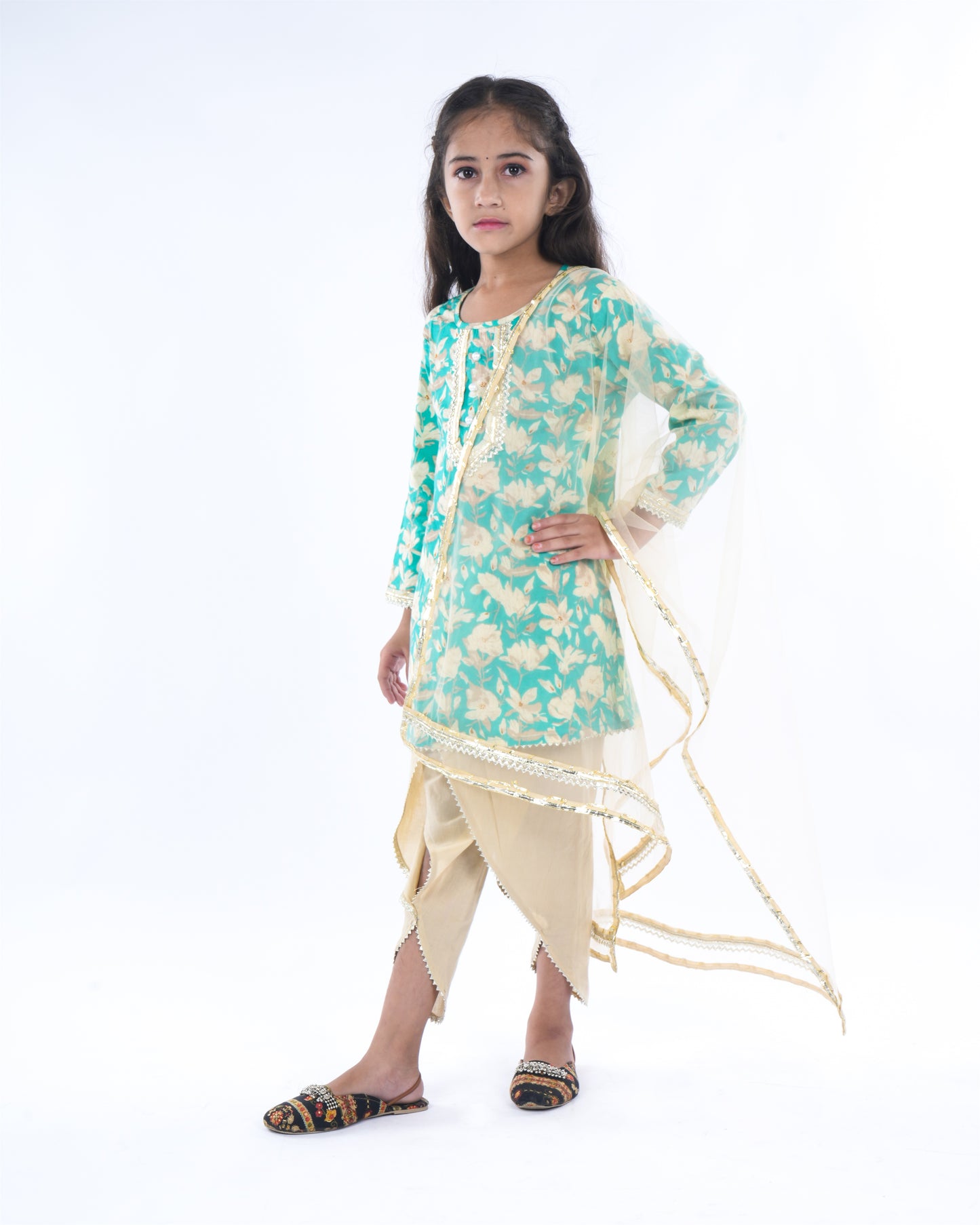 Anuttara Turquoise Pure Cotton Straight Kurta Dhoti Pant & Dupatta Set_FJG1062