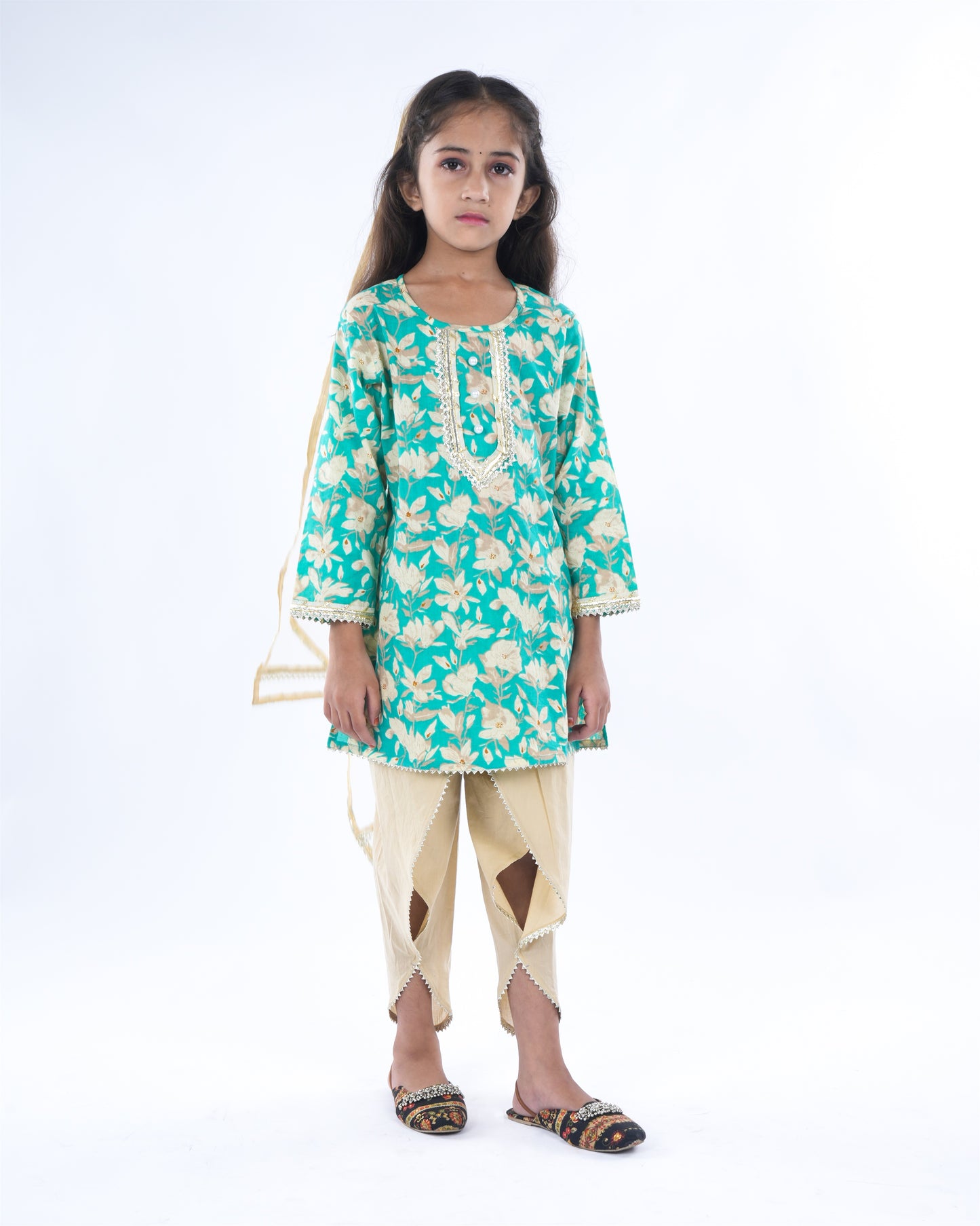 Anuttara Turquoise Pure Cotton Straight Kurta Dhoti Pant & Dupatta Set_FJG1062