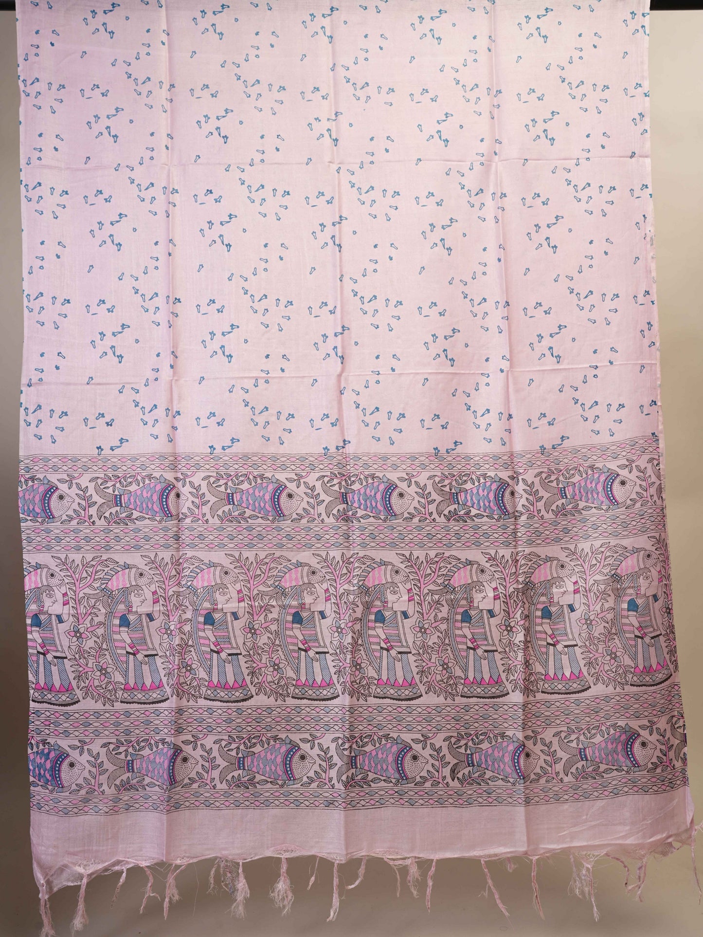 Anuttara Women's Madhubani Pink::Blue Katan Staple Trible, Fish Print Kurta, Bottom & Dupatta Set (Unstitched)_AFK1002-FS