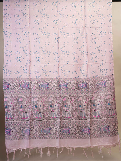 Anuttara Women's Madhubani Pink::Blue Katan Staple Trible, Fish Print Kurta, Bottom & Dupatta Set (Unstitched)_AFK1002-FS