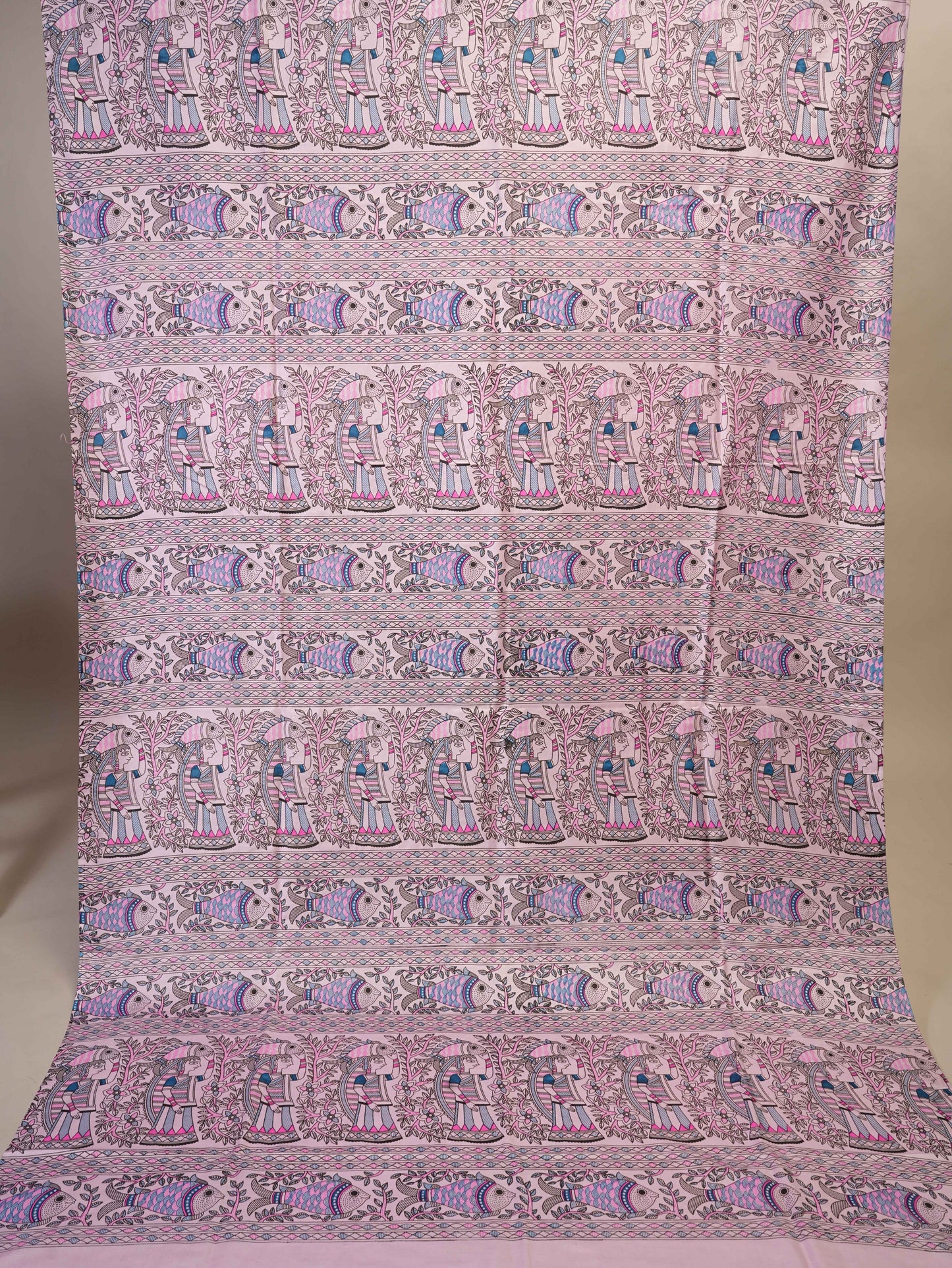 Anuttara Women's Madhubani Pink::Blue Katan Staple Trible, Fish Print Kurta, Bottom & Dupatta Set (Unstitched)_AFK1002-FS