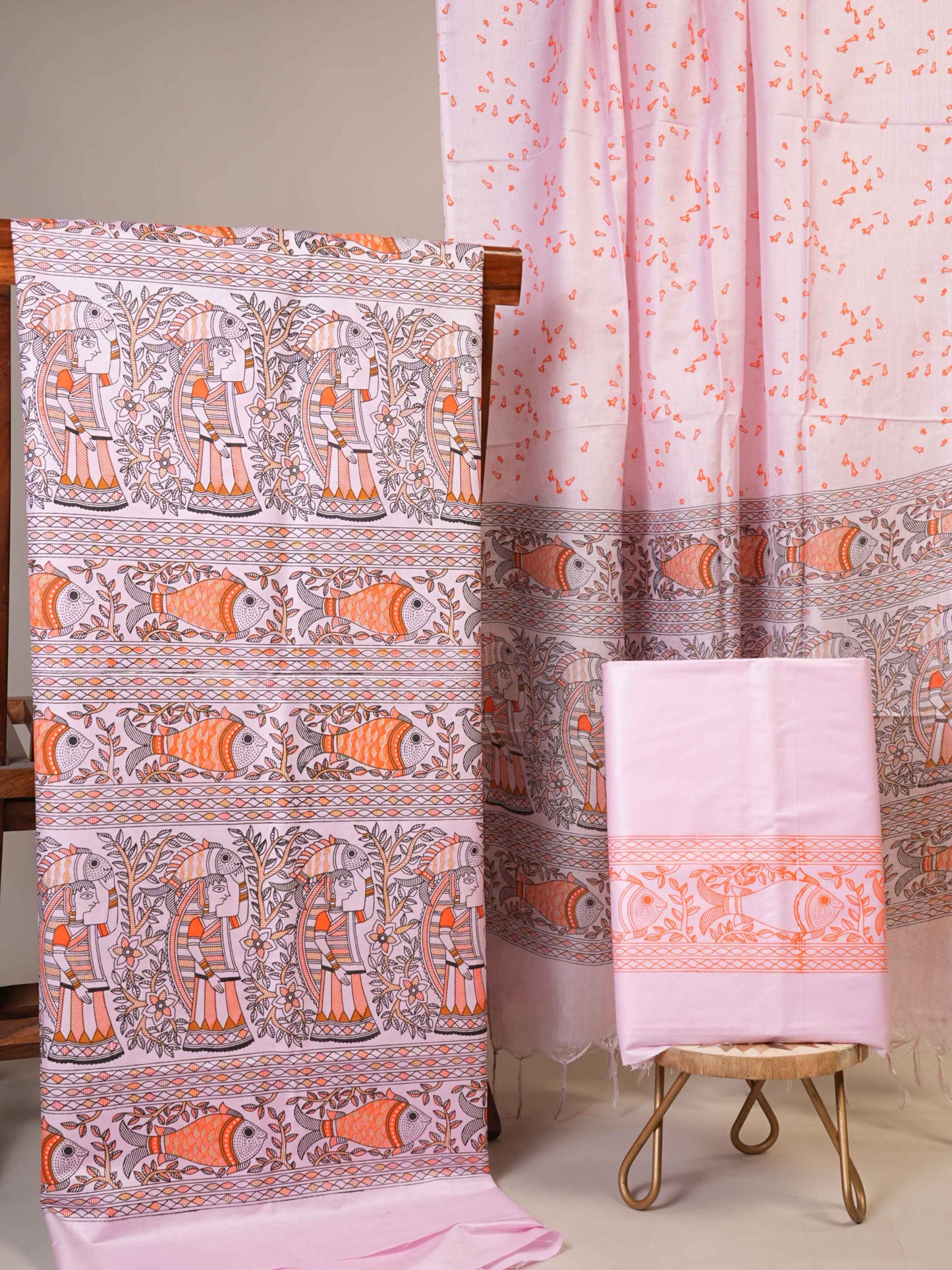 Anuttara Women's Madhubani Pink::Orange Katan Staple Trible, Fish Print Kurta, Bottom & Dupatta Set (Unstitched)_AFK1003-FS