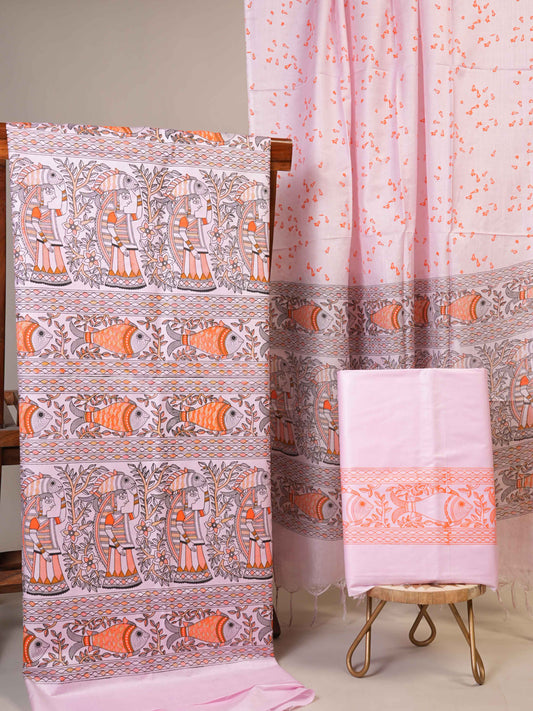 Anuttara Women's Madhubani Pink::Orange Katan Staple Trible, Fish Print Kurta, Bottom & Dupatta Set (Unstitched)_AFK1003-FS