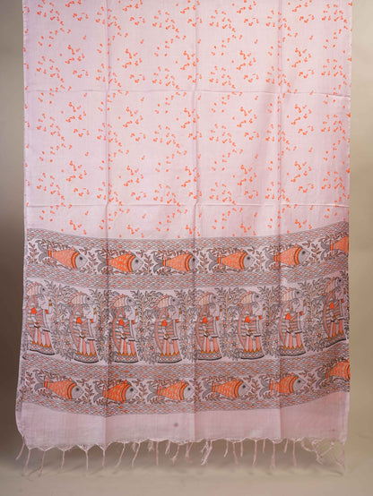 Anuttara Women's Madhubani Pink::Orange Katan Staple Trible, Fish Print Kurta, Bottom & Dupatta Set (Unstitched)_AFK1003-FS
