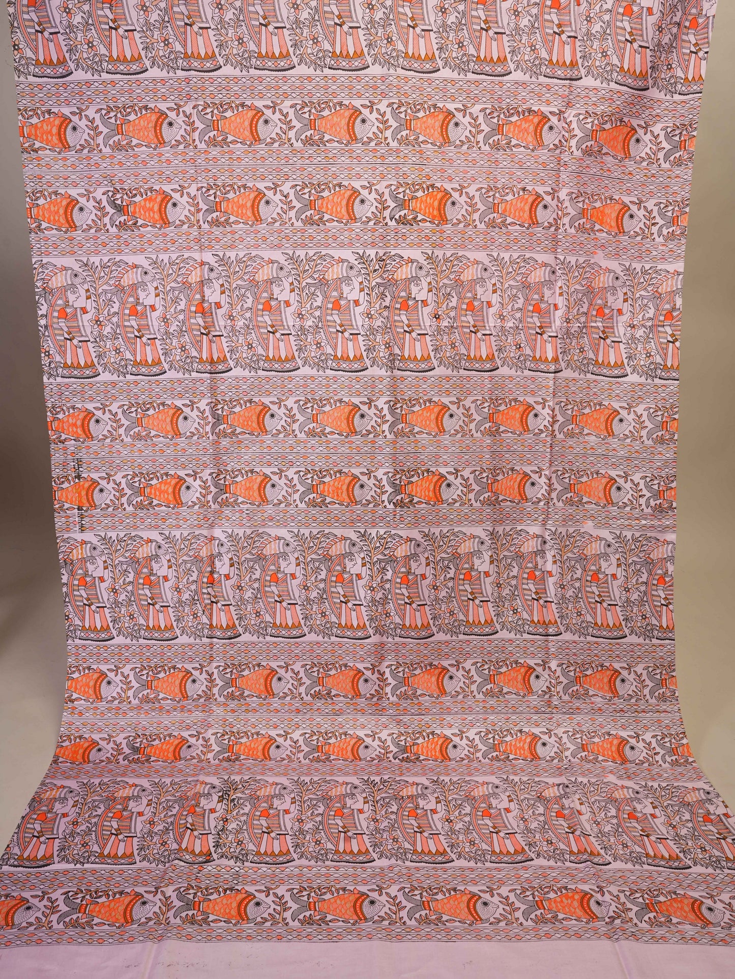 Anuttara Women's Madhubani Pink::Orange Katan Staple Trible, Fish Print Kurta, Bottom & Dupatta Set (Unstitched)_AFK1003-FS