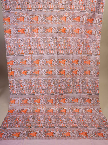Anuttara Women's Madhubani Pink::Orange Katan Staple Trible, Fish Print Kurta, Bottom & Dupatta Set (Unstitched)_AFK1003-FS