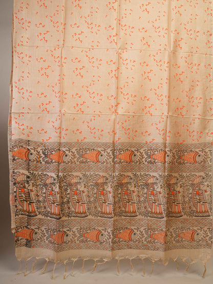 Anuttara Women's Madhubani Beige::Orange Katan Staple Trible, Fish Print Kurta, Bottom & Dupatta Set (Unstitched)_AFK1005-FS