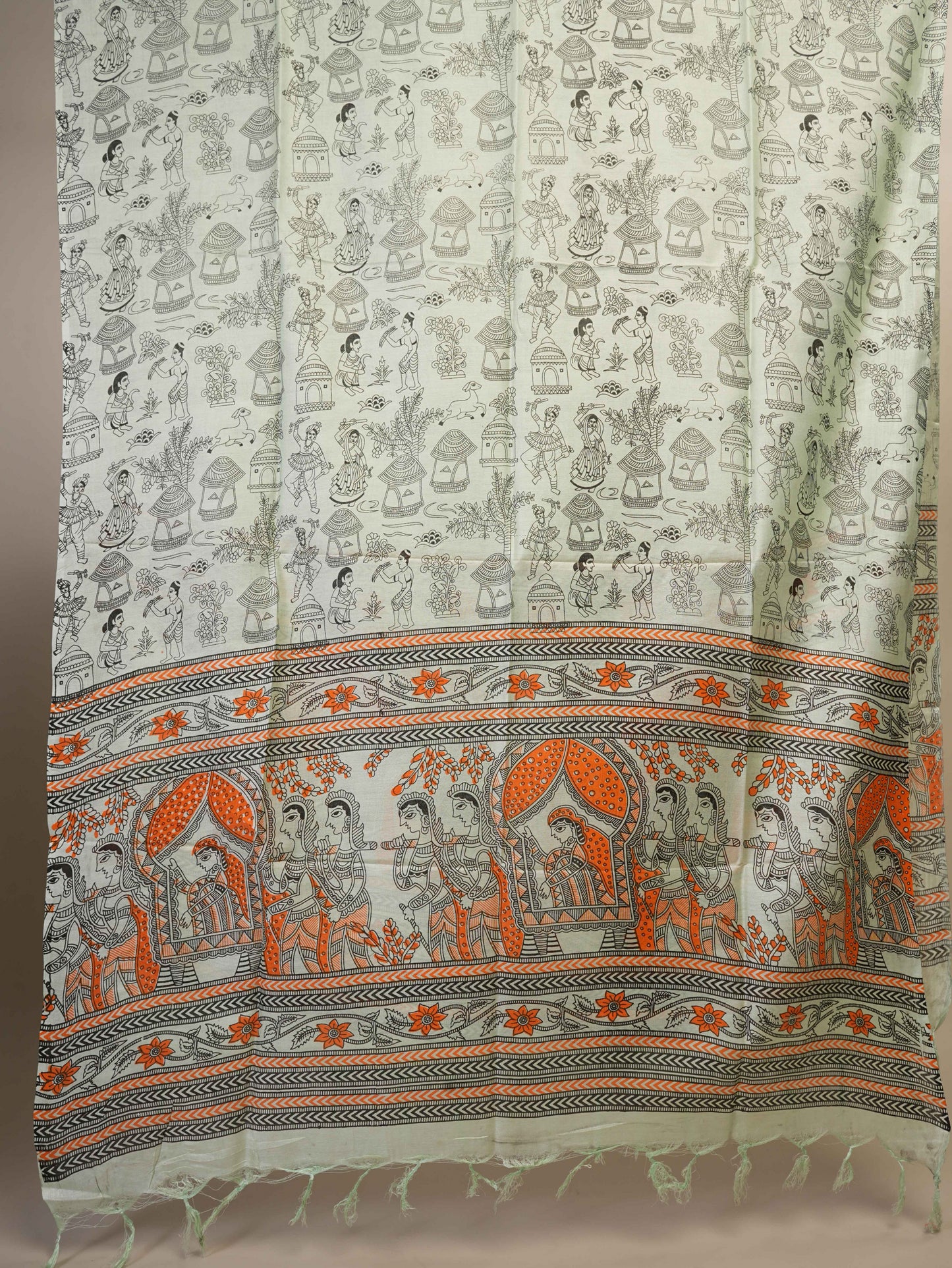 Anuttara Women's Madhubani Mint Green Katan Staple Trible, Floral Kurta, Bottom & Dupatta Set (Unstitched)_AFK1007-FS