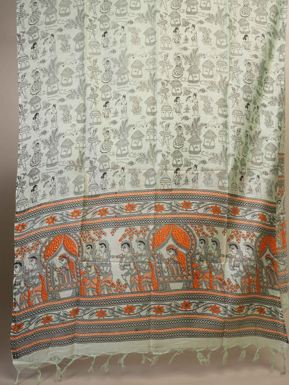 Anuttara Women's Madhubani Mint Green Katan Staple Trible, Floral Kurta, Bottom & Dupatta Set (Unstitched)_AFK1007-FS