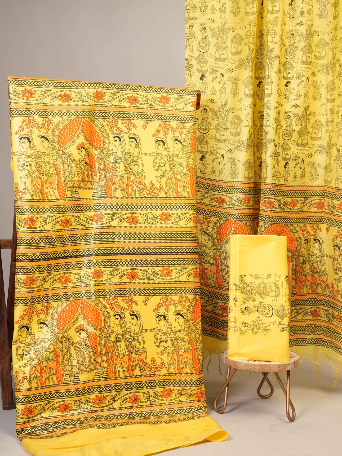 Anuttara Women's Madhubani Yellow Katan Staple Trible, Floral Kurta, Bottom & Dupatta Set (Unstitched)_AFK1008-FS