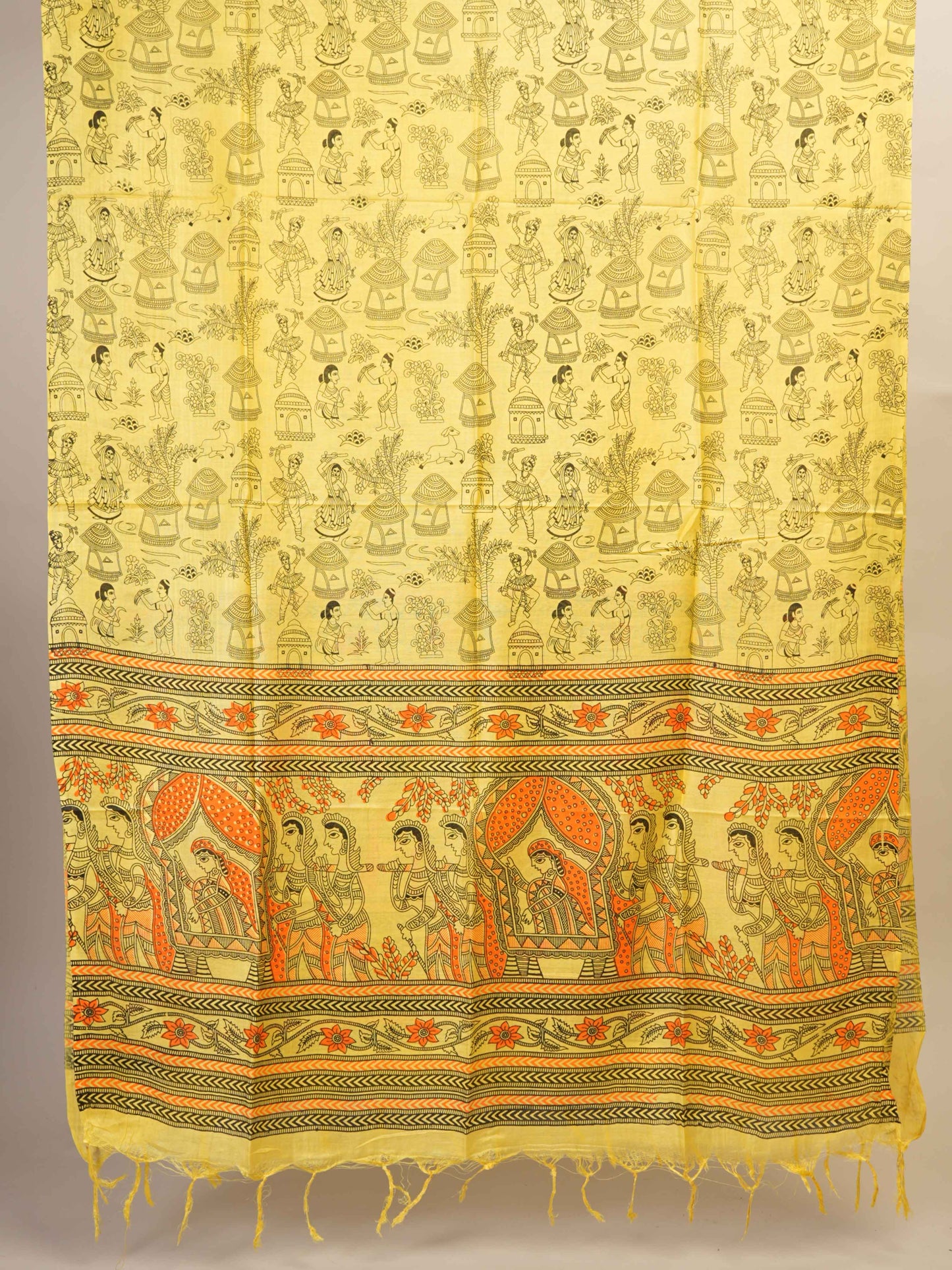 Anuttara Women's Madhubani Yellow Katan Staple Trible, Floral Kurta, Bottom & Dupatta Set (Unstitched)_AFK1008-FS