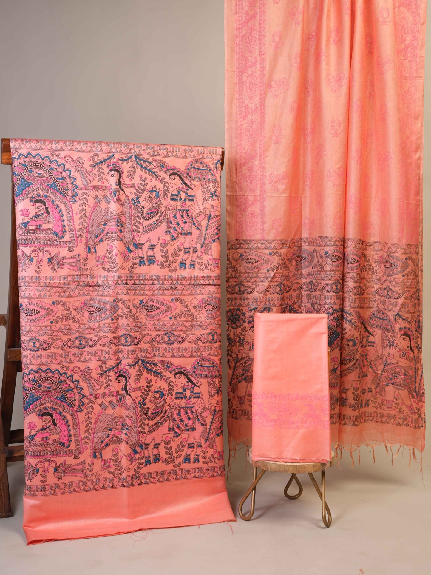 Anuttara Women's Madhubani Peach::Pink Katan Staple Trible, Animal, Fish, Floral Kurta, Bottom & Dupatta Set (Unstitched)_AFK1012-FS
