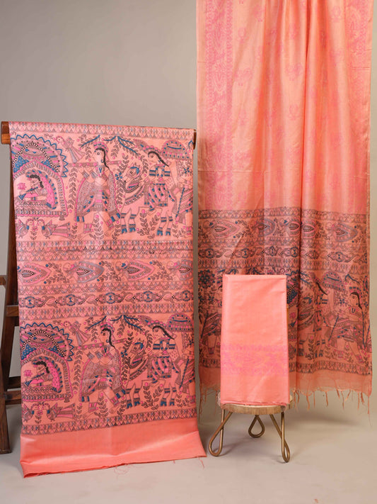 Anuttara Women's Madhubani Peach::Pink Katan Staple Trible, Animal, Fish, Floral Kurta, Bottom & Dupatta Set (Unstitched)_AFK1012-FS
