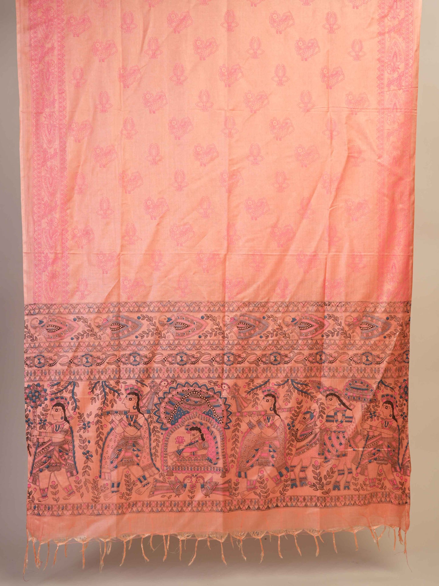 Anuttara Women's Madhubani Peach::Pink Katan Staple Trible, Animal, Fish, Floral Kurta, Bottom & Dupatta Set (Unstitched)_AFK1012-FS
