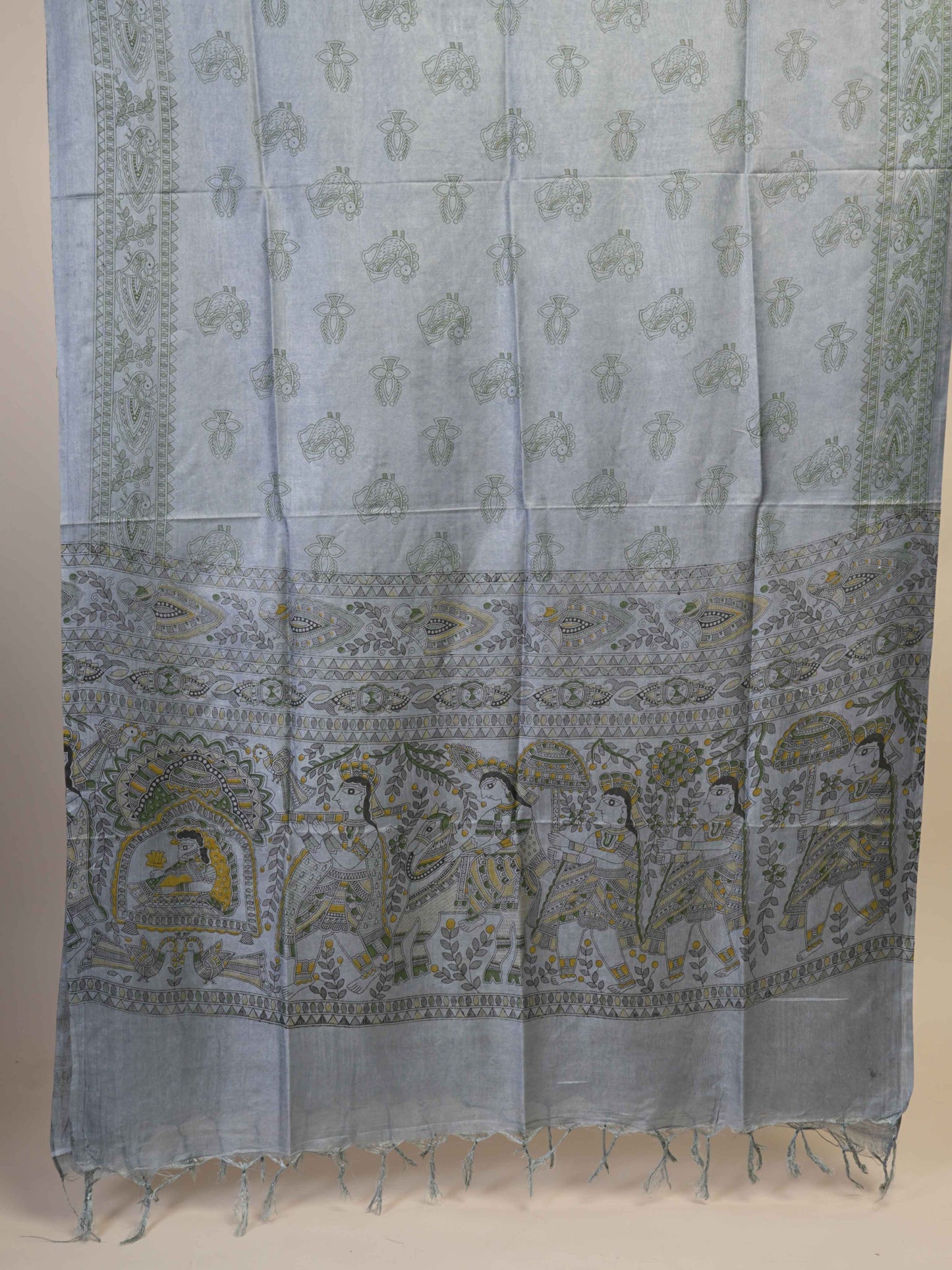 Anuttara Women's Madhubani Grey::Green Katan Staple Trible, Animal, Fish, Floral Kurta, Bottom & Dupatta Set (Unstitched)_AFK1013-FS