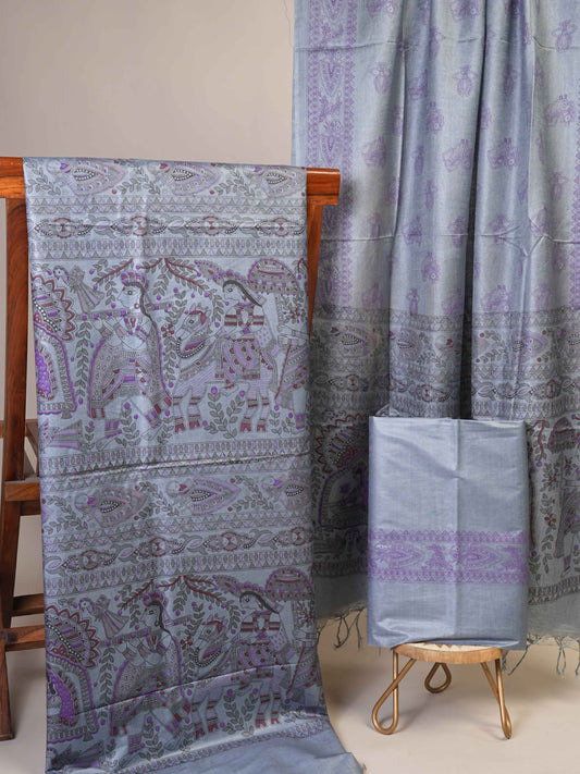 Anuttara Women's Madhubani Grey::Purple Katan Staple Trible, Animal, Fish, Floral Kurta, Bottom & Dupatta Set (Unstitched)_AFK1015-FS
