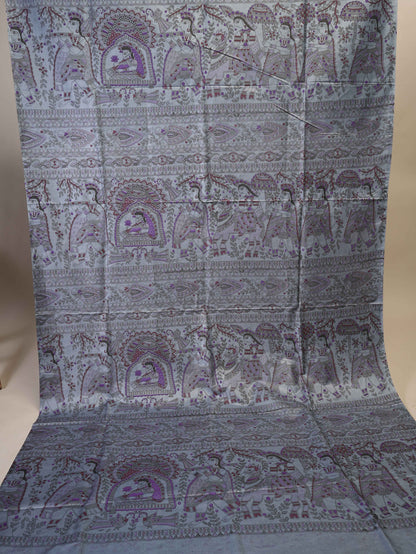Anuttara Women's Madhubani Grey::Purple Katan Staple Trible, Animal, Fish, Floral Kurta, Bottom & Dupatta Set (Unstitched)_AFK1015-FS