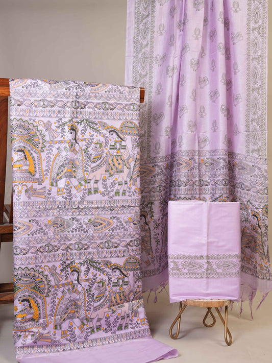 Anuttara Women's Madhubani Lavender::Green Katan Staple Trible, Animal, Fish, Floral Kurta, Bottom & Dupatta Set (Unstitched)_AFK1016-FS