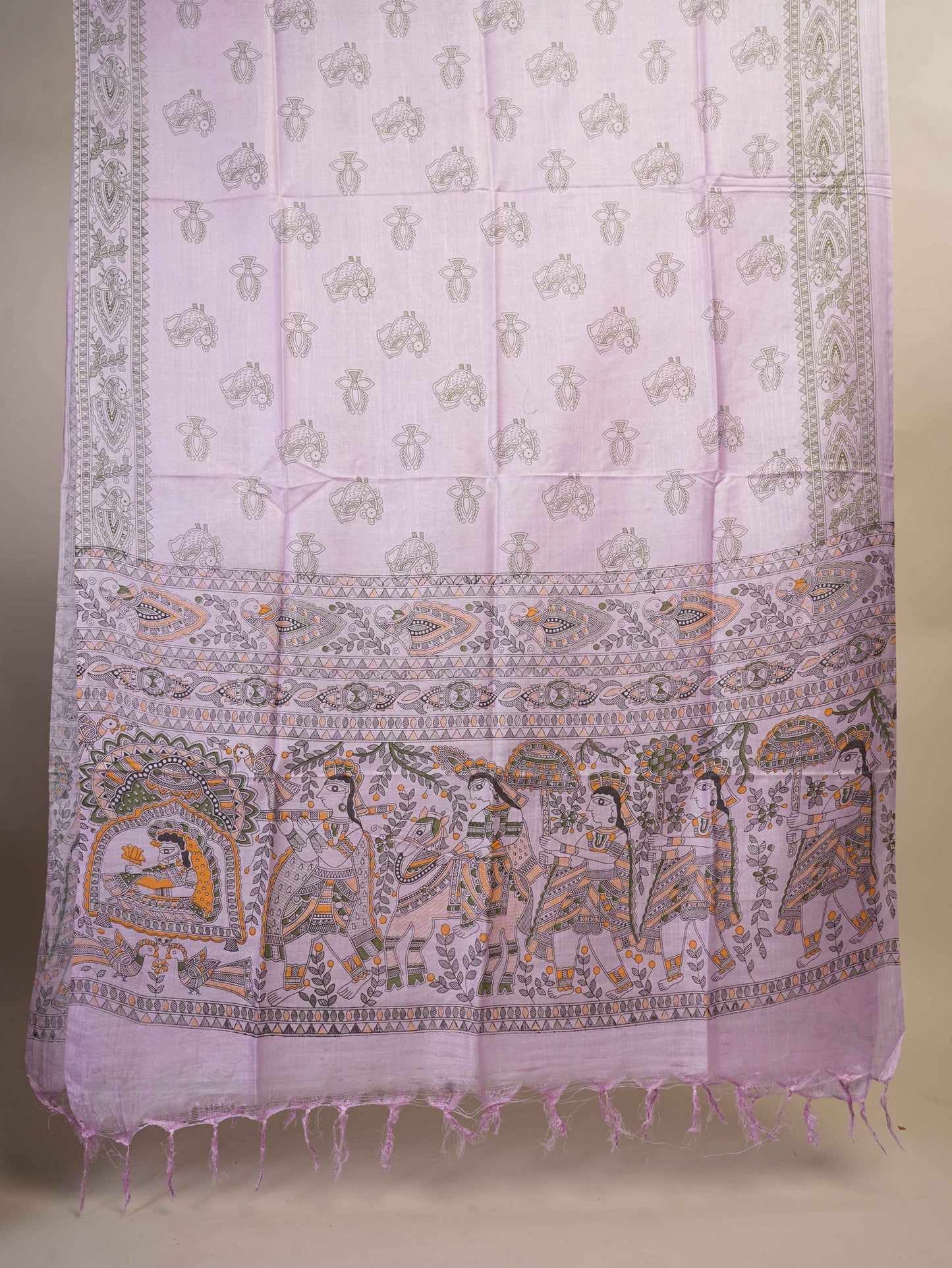 Anuttara Women's Madhubani Lavender::Green Katan Staple Trible, Animal, Fish, Floral Kurta, Bottom & Dupatta Set (Unstitched)_AFK1016-FS
