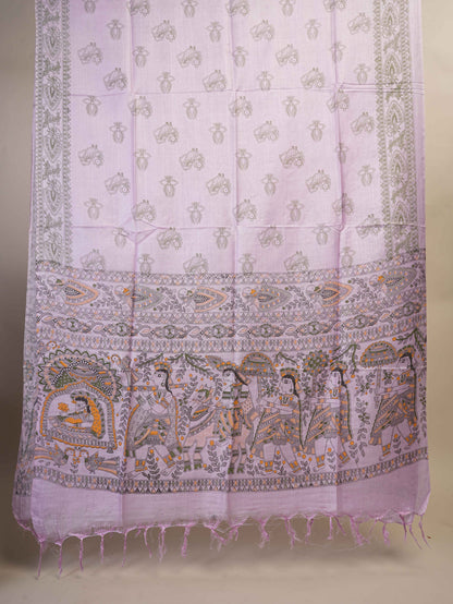 Anuttara Women's Madhubani Lavender::Green Katan Staple Trible, Animal, Fish, Floral Kurta, Bottom & Dupatta Set (Unstitched)_AFK1016-FS