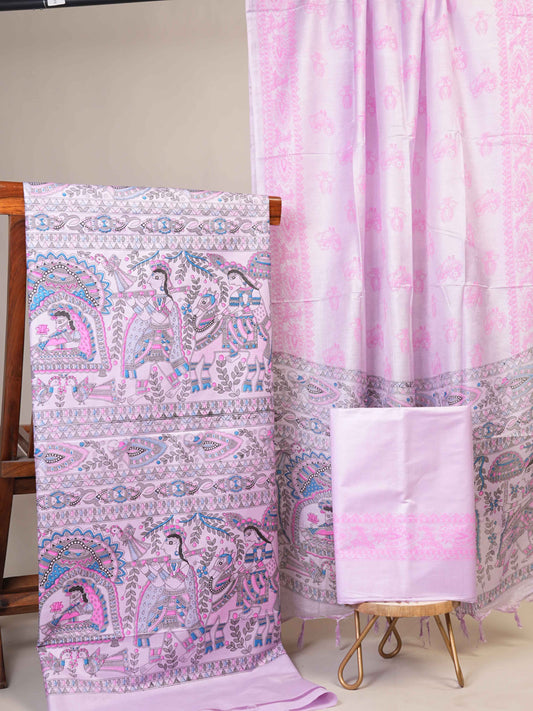Anuttara Women's Madhubani Lavender::Pink Katan Staple Trible, Animal, Fish, Floral Kurta, Bottom & Dupatta Set (Unstitched)_AFK1017-FS