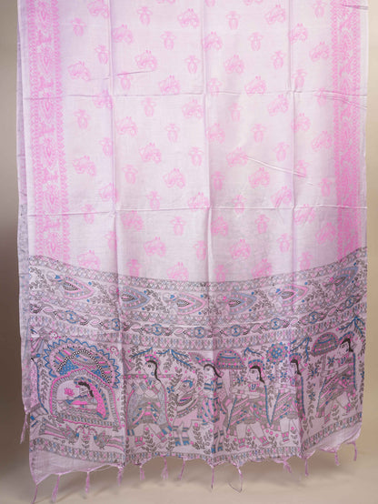 Anuttara Women's Madhubani Lavender::Pink Katan Staple Trible, Animal, Fish, Floral Kurta, Bottom & Dupatta Set (Unstitched)_AFK1017-FS